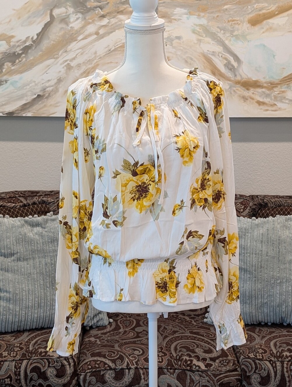 Women's White Floral Peasant Blouse with Yellow Print